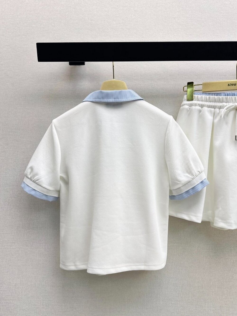 Miu Miu 2‑Piece Set Striped Collar Polo Top & Drawstring Skort White Blue M - Picture 5 of 9